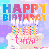 A vibrant animated name GIF with the words 'Happy Birthday Carrie' with colorful candles on a creamy cake. The background sparkles with pastel shades, adding a festive touch.