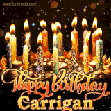 A glowing personalized birthday GIF with name Carrigan featuring lit candles with intricate designs, warm lighting, and the text 'Happy Birthday' in an elegant font.