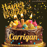 A delightful chocolate birthday cake with bright candles and 'Happy Birthday Carrigan' written in gold amidst a shower of animated stars.