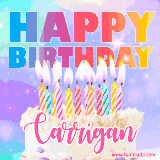 A vibrant animated name GIF with the words 'Happy Birthday Carrigan' with colorful candles on a creamy cake. The background sparkles with pastel shades, adding a festive touch.
