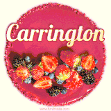 Beautifully decorated red velvet berry birthday cake with vibrant fruits and a glowing 'Carrington' name, adding a touch of sweetness and sparkle.