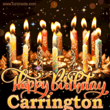 A glowing personalized birthday GIF with name Carrington featuring lit candles with intricate designs, warm lighting, and the text 'Happy Birthday' in an elegant font.