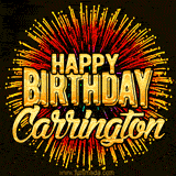 Golden 'Happy Birthday Carrington' text accompanied by animated rainbow fireworks for a festive animated greeting.