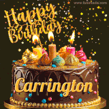 A delightful chocolate birthday cake with bright candles and 'Happy Birthday Carrington' written in gold amidst a shower of animated stars.