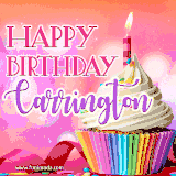 A vibrant birthday GIF featuring a rainbow-colored cupcake topped with white frosting, sprinkles, and a lit candle. The text reads 'Happy Birthday Carrington' in bold pink and violet letters with white outline.