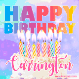 A vibrant animated name GIF with the words 'Happy Birthday Carrington' with colorful candles on a creamy cake. The background sparkles with pastel shades, adding a festive touch.