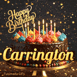 Flickering candles on top of a decorated chocolate cake with multicolored frosting swirls for Carrington's birthday celebration.