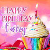 A vibrant birthday GIF featuring a rainbow-colored cupcake topped with white frosting, sprinkles, and a lit candle. The text reads 'Happy Birthday Carry' in bold pink and violet letters with white outline.