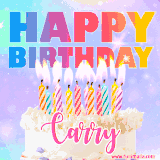 A vibrant animated name GIF with the words 'Happy Birthday Carry' with colorful candles on a creamy cake. The background sparkles with pastel shades, adding a festive touch.