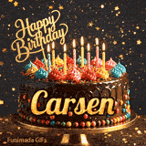 Festive birthday card animation with a chocolate cake, bright lit candles, and gold glittery text saying Happy Birthday Carsen.