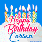 A cheerful animated GIF featuring colorful lit birthday candles on a white cake, with the text 'Happy Birthday Carson' in bold red and blue script on a bright blue background.