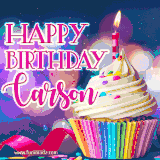 A festive animated GIF featuring a colorful cupcake with a single lit candle, sprinkles, and 'Happy Birthday Carson' text against a sparkling, celebratory background.