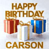 Three animated presents with golden ribbons continuously jumping in the air below a shiny 3D Happy Birthday Carson greeting