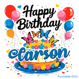 Happy Birthday written in black cursive script above a decorated cake with butterflies and balloons, personalized for Carson.
