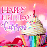 A vibrant birthday GIF featuring a rainbow-colored cupcake topped with white frosting, sprinkles, and a lit candle. The text reads 'Happy Birthday Carson' in bold pink and violet letters with white outline.