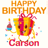 A vibrant and funny gift box character with a happy face dancing with a cupcake and the text 'Happy Birthday Carson,' surrounded by animated confetti and party vibes.