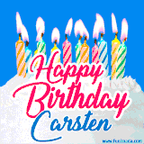 A cheerful animated GIF featuring colorful lit birthday candles on a white cake, with the text 'Happy Birthday Carsten' in bold red and blue script on a bright blue background.