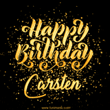 Animated GIF with colorful, festive 'Happy Birthday Carsten' text decorated with patterns, a party hat, and falling confetti. A vibrant and cheerful design for birthday celebrations.