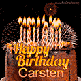 A rich chocolate cake topped with glowing birthday candles and surrounded by bright fireworks. The animated GIF displays the message 'Happy Birthday Carsten' in golden text.