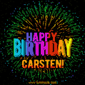 A colorful animated GIF featuring the text 'Happy Birthday Carsten!' in rainbow colors with a dynamic iridescent firework display in the background.