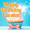 A cheerful animated GIF of a cupcake with creamy frosting, a red checkered ribbon, and a bright sparkler on top. The text 'Happy Birthday Carsten!' is displayed in vibrant orange and red.