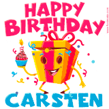 A funny animated birthday GIF with the words 'Happy Birthday Carstena', colorful gift box with arms and legs, holding a cupcake with a lit candle  with confetti everywhere.