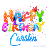 Animated GIF with colorful, festive 'Happy Birthday Carsten' text decorated with patterns, a party hat, and falling confetti. A vibrant and cheerful design for birthday celebrations.