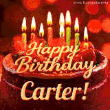 Animated GIF with colorful, festive 'Happy Birthday Carter' text decorated with patterns, a party hat, and falling confetti. A vibrant and cheerful design for birthday celebrations.