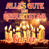 An animated GIF featuring 'Alles Gute Zum Geburtstag Carter' in glowing red and gold letters above a cake with colorful lit candles, set against a festive sparkling background.