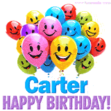 An animated birthday-themed name GIF with colorful smiling balloons and bold 'Carter, Happy Birthday!' text for a celebratory touch.