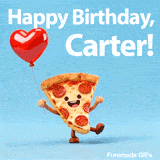 Funny animated pepperoni pizza slice dancing and holding a balloon with Happy Birthday Carter text