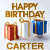 Seamlessly looping animation of bouncing red, white, and blue gift packages with elegant gold text saying Happy Birthday Carter