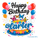 Detailed pink, orange, blue, and yellow butterflies resting on top of a flower-decorated birthday cake for Carter.