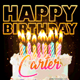 A vibrant animated GIF featuring a delicious birthday cake topped with glowing candles and the name 'Carter' in elegant script, and the words 'Happy Birthday' on the black background.