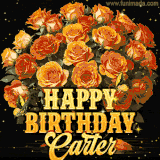 Animated bouquet of orange roses with moving butterfles and golden 'Happy Birthday Carter' text, surrounded by sparkling accents and a dark backdrop for a luxurious feel.