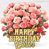 Golden 'Happy Birthday Carter' text beneath a vibrant bouquet of orange roses, complete with glittering butterflies and sparkling details.