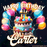 Bright birthday animation for Carter with a chocolate cake, candles, balloons, and glowing celebratory lights.