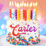 A cheerful white birthday cake with multicolor sprinkles, lit candles, and 'Carter' written in vibrant letters, in an animated GIF.