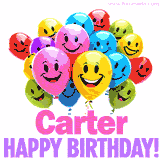Animated colorful and joyful birthday balloons with cheerful smiles and a bright 'Happy Birthday Carter!' message in pink and purple.