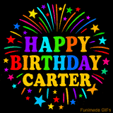 Personalized greeting card with name, colorful text that says 'Happy Birthday Carter' surrounded by animated fireworks and multicolor stars