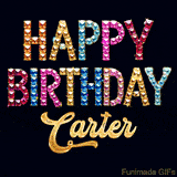 Vibrant luxury birthday greeting card for Carter, showing glittering gemstone letters and golden calligraphy on a dark background with twinkling shine effects.