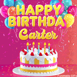 Pink-themed animated greeting with balloons, confetti, and a frosted cake under the message 'Happy Birthday Carter' in bold rounded yellow font.