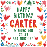 A colorful animated card for Carter’s birthday featuring playful hearts, cheerful flowers, and a handwritten message wishing smiles and sunshine.