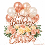 Classy Happy Birthday Carter looping GIF with pastel balloons and greenery