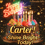 A personalized greeting card for Carter featuring a chocolate cake with colorful toppings on a sparkly starry background.