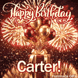 Festive digital animation with gold fireworks and balloon bouquets designed for Carters birthday.