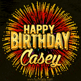 Golden 'Happy Birthday Casey' text accompanied by animated rainbow fireworks for a festive animated greeting.