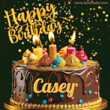 A delightful chocolate birthday cake with bright candles and 'Happy Birthday Casey' written in gold amidst a shower of animated stars.