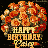 Animated bouquet of orange roses with moving butterfles and golden 'Happy Birthday Casey' text, surrounded by sparkling accents and a dark backdrop for a luxurious feel.