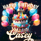 Bright birthday animation for Casey with a chocolate cake, candles, balloons, and glowing celebratory lights.